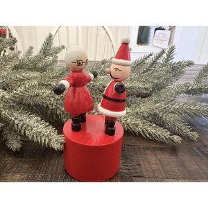 Vintage wood Push puppet toy Christmas ornament  Santa & Mrs. Santa dancing